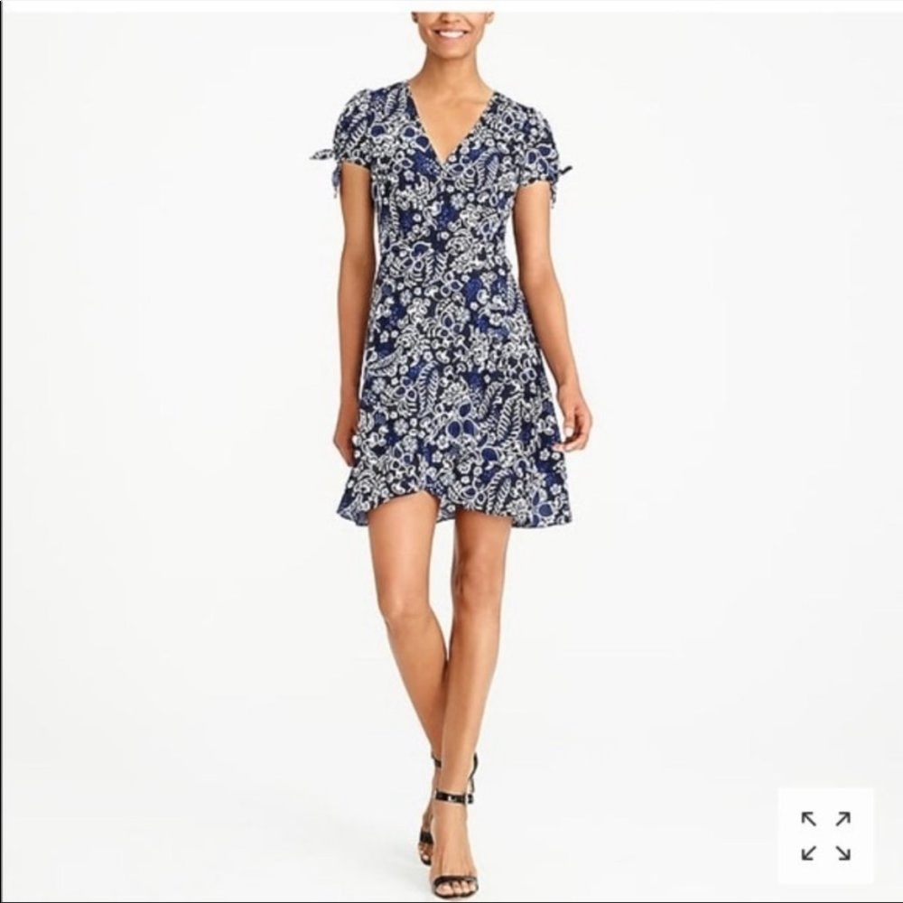 J. CREW Black and Blue Floral Print Wrap Dress with Ruffles